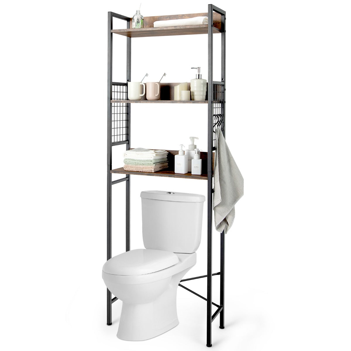 3-Tier Over-The-Toilet Storage Rack with Detachable Hooks