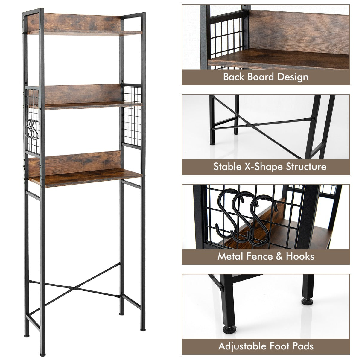 3-Tier Over-The-Toilet Storage Rack with Detachable Hooks