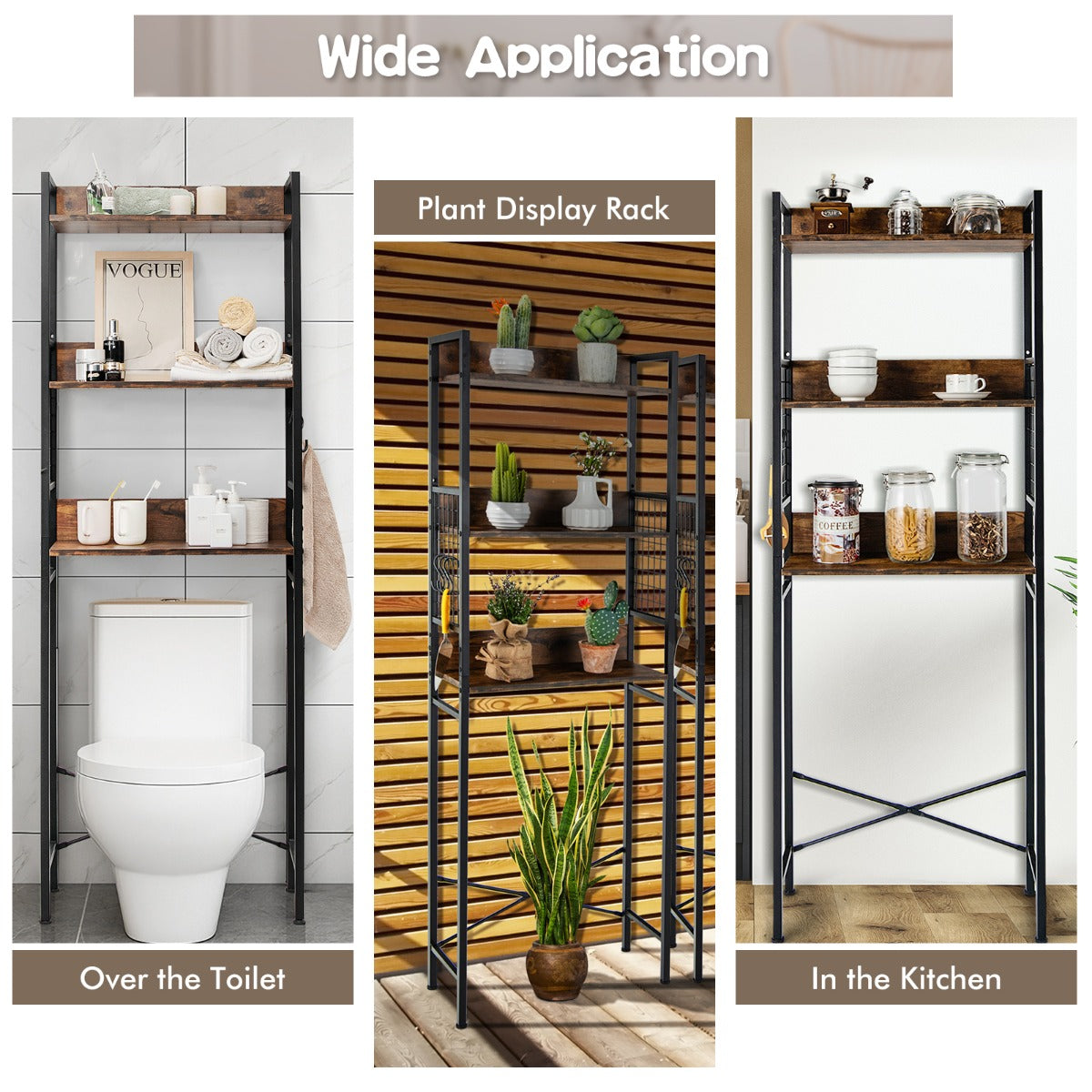 3-Tier Over-The-Toilet Storage Rack with Detachable Hooks