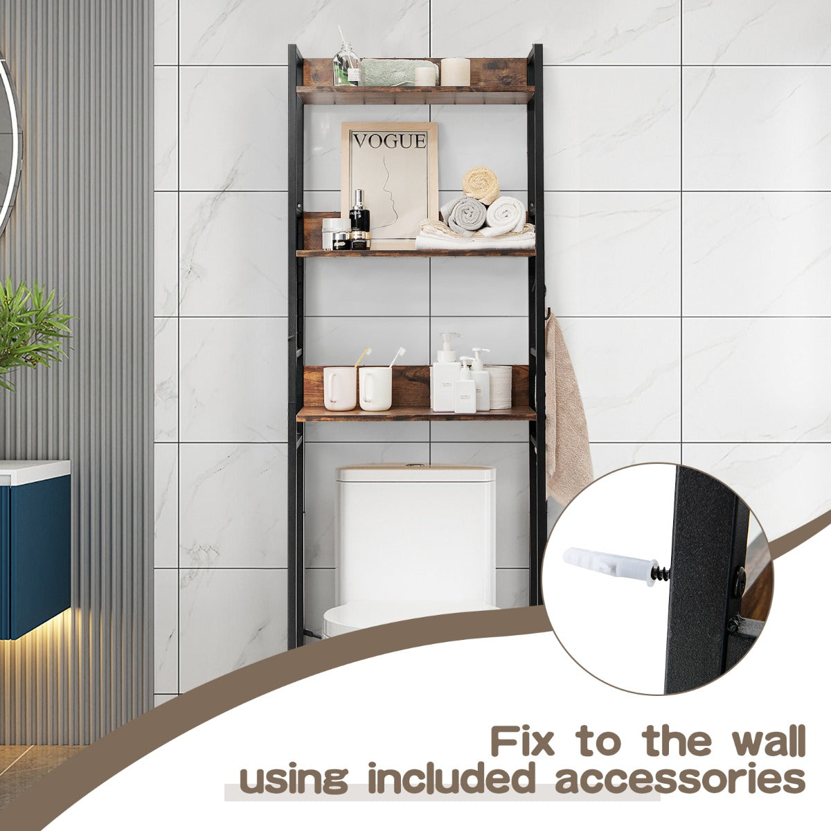 3-Tier Over-The-Toilet Storage Rack with Detachable Hooks