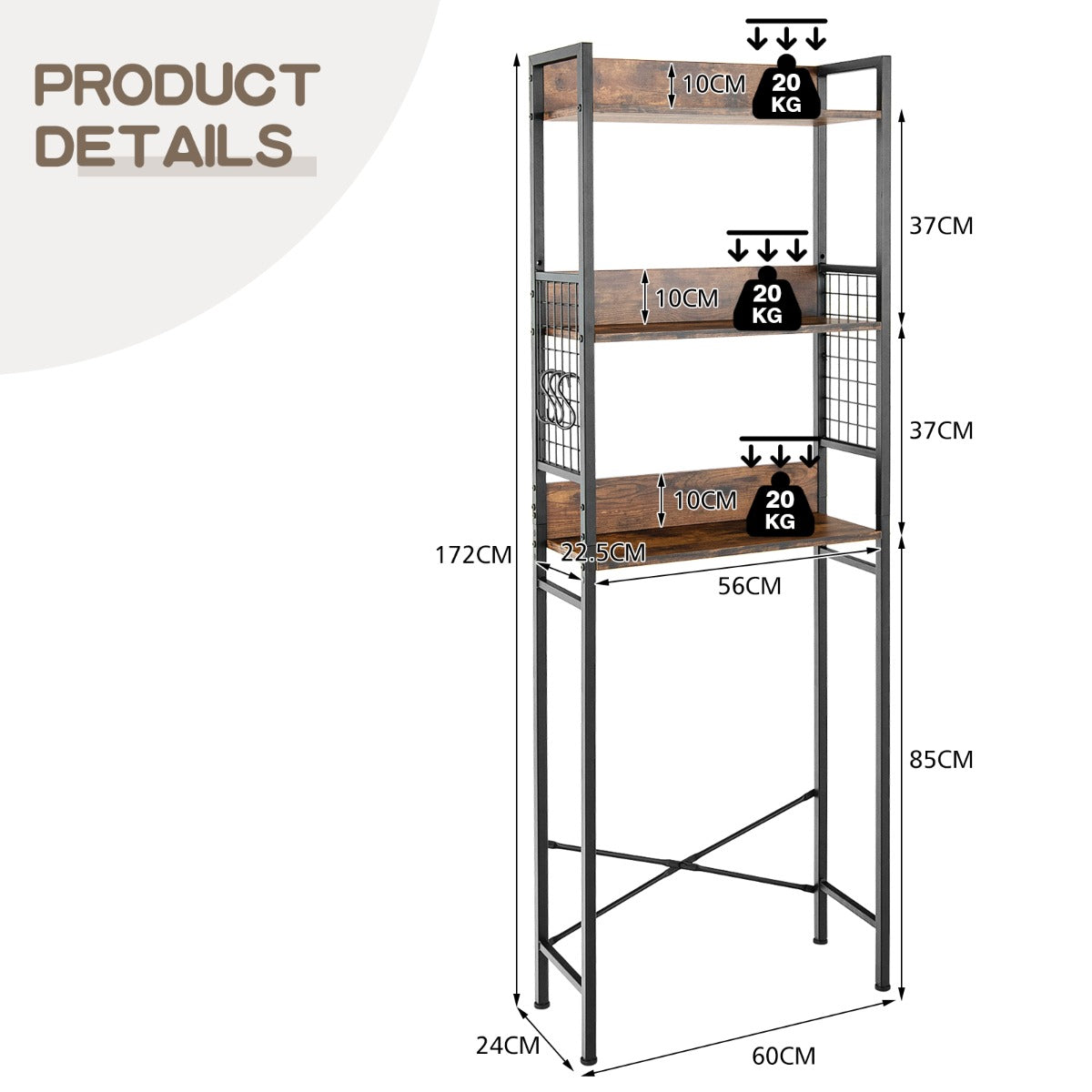 3-Tier Over-The-Toilet Storage Rack with Detachable Hooks