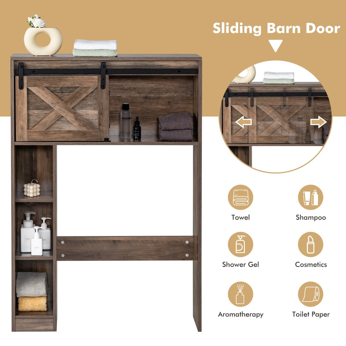 Over The Toilet Storage Cabinet with Sliding Barn Door and Shelves