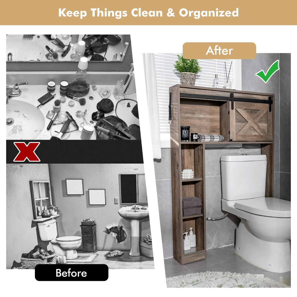 Over The Toilet Storage Cabinet with Sliding Barn Door and Shelves