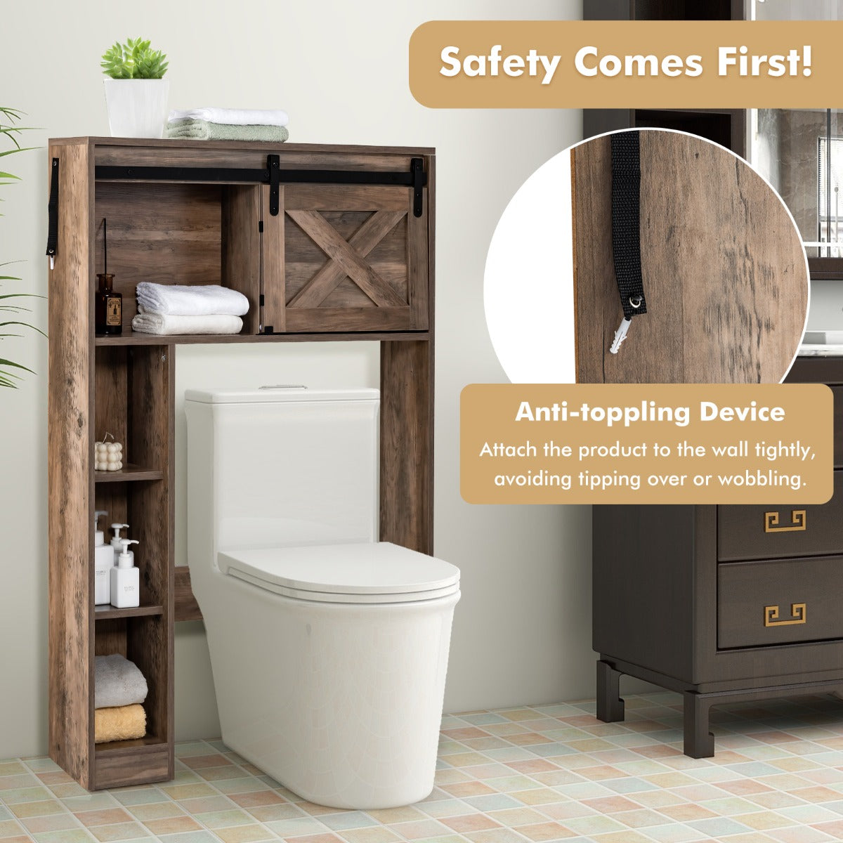 Over The Toilet Storage Cabinet with Sliding Barn Door and Shelves