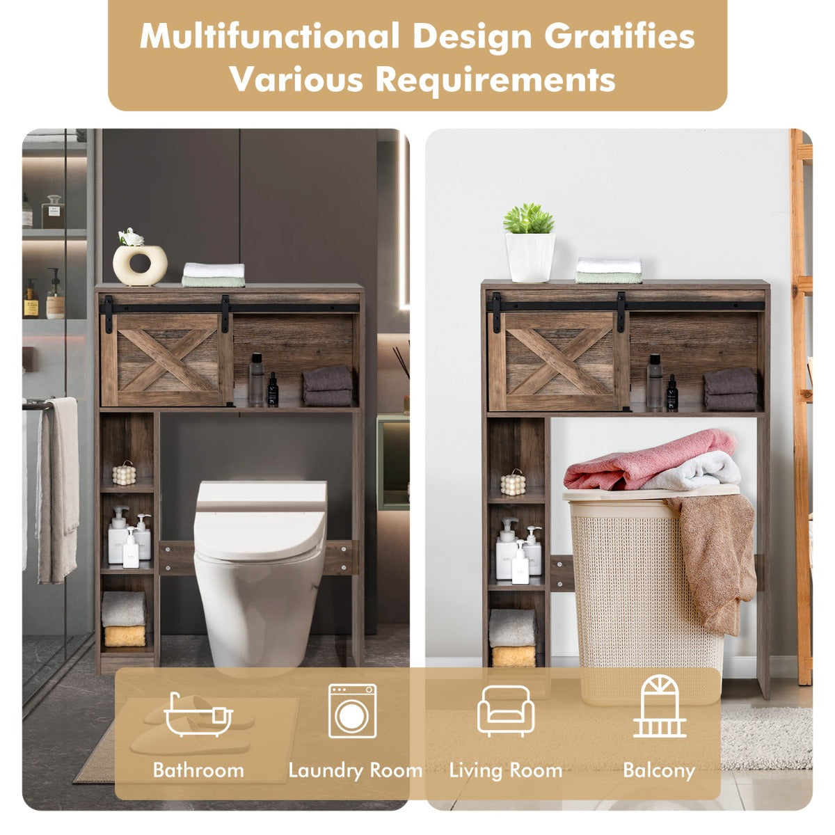 Over The Toilet Storage Cabinet with Sliding Barn Door and Shelves