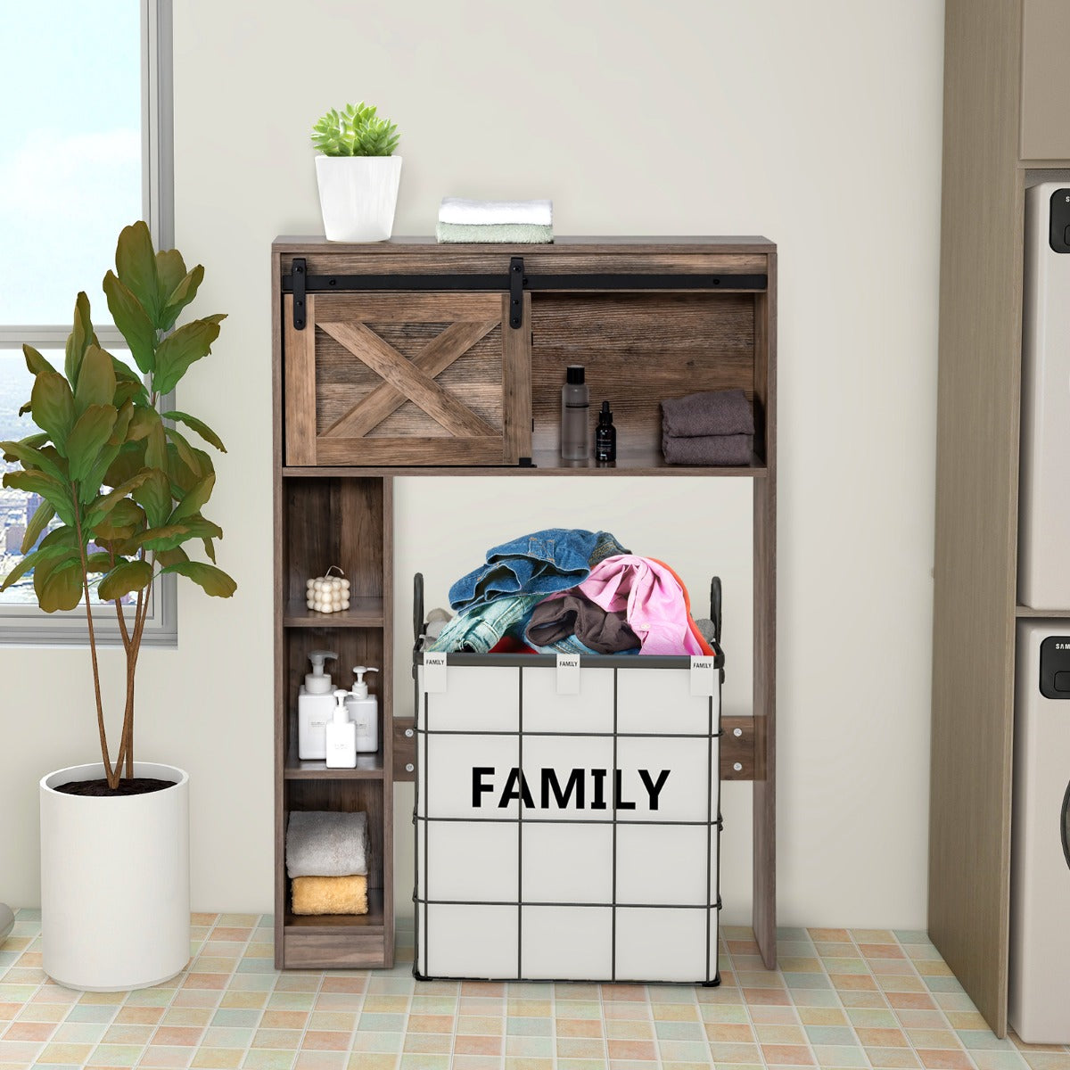 Over The Toilet Storage Cabinet with Sliding Barn Door and Shelves