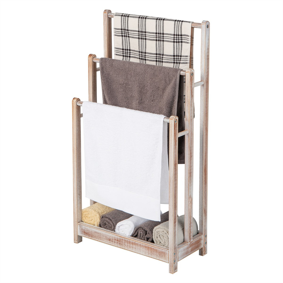 Freestanding Wood Towel Rack with Bottom Storage Shelf for Bathroom