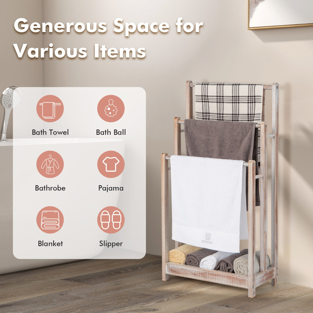 Freestanding Wood Towel Rack with Bottom Storage Shelf for Bathroom