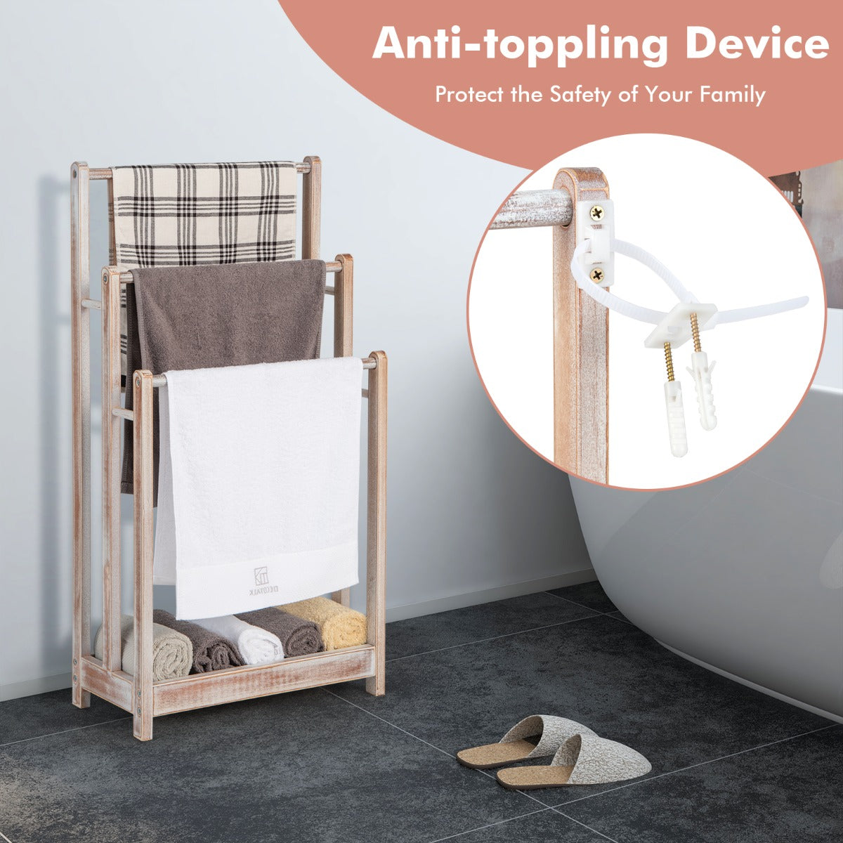 Freestanding Wood Towel Rack with Bottom Storage Shelf for Bathroom
