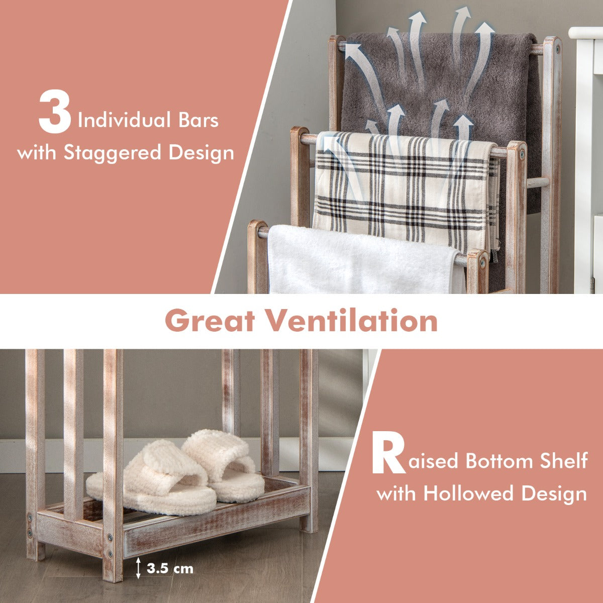 Freestanding Wood Towel Rack with Bottom Storage Shelf for Bathroom