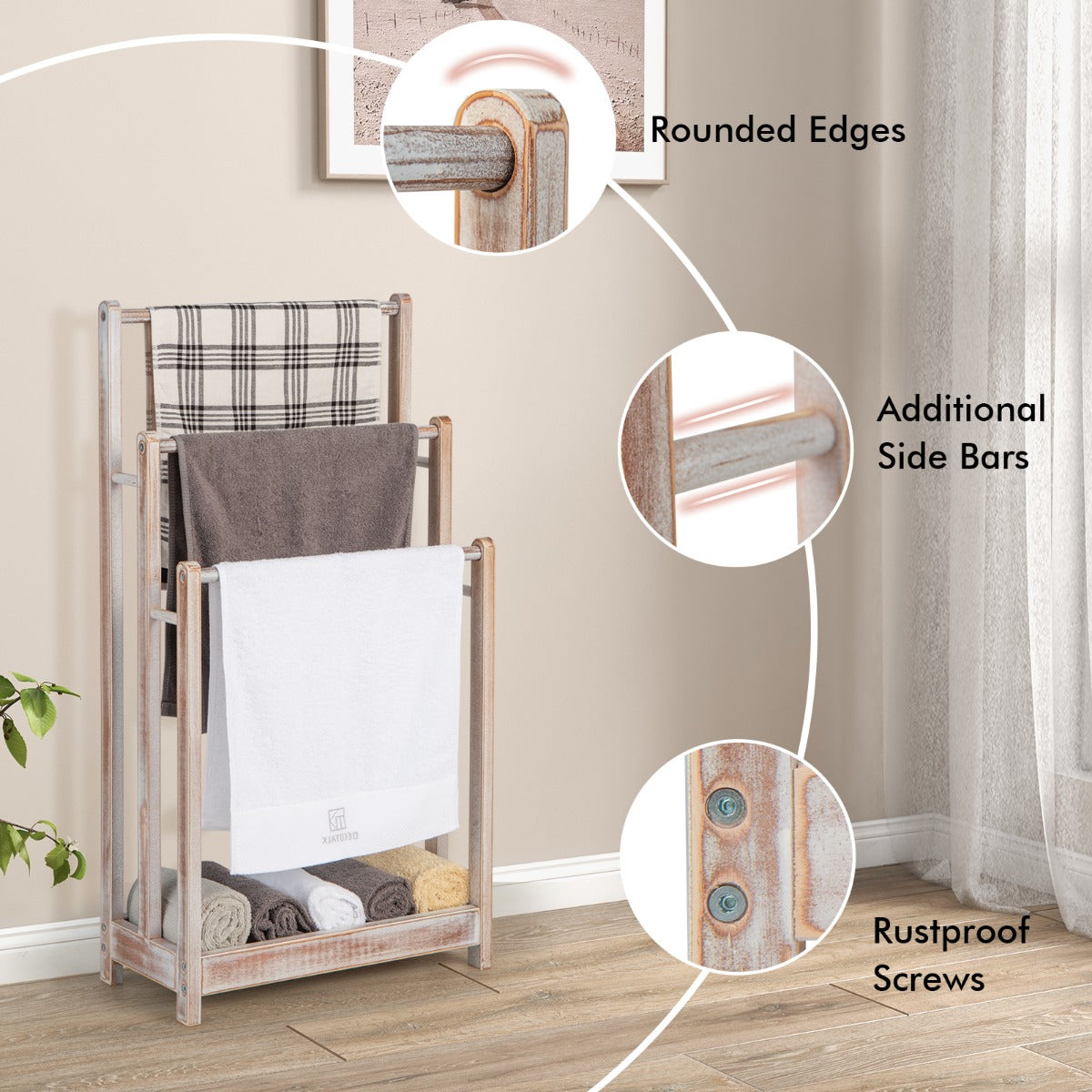 Freestanding Wood Towel Rack with Bottom Storage Shelf for Bathroom
