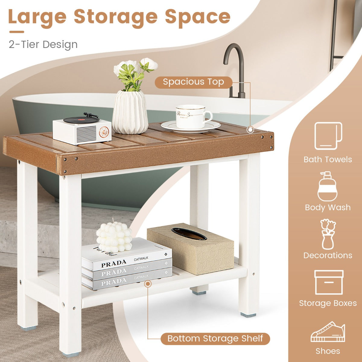 2-Tier Waterproof Shower Bench with Storage Shelf & Anti-slip Pads