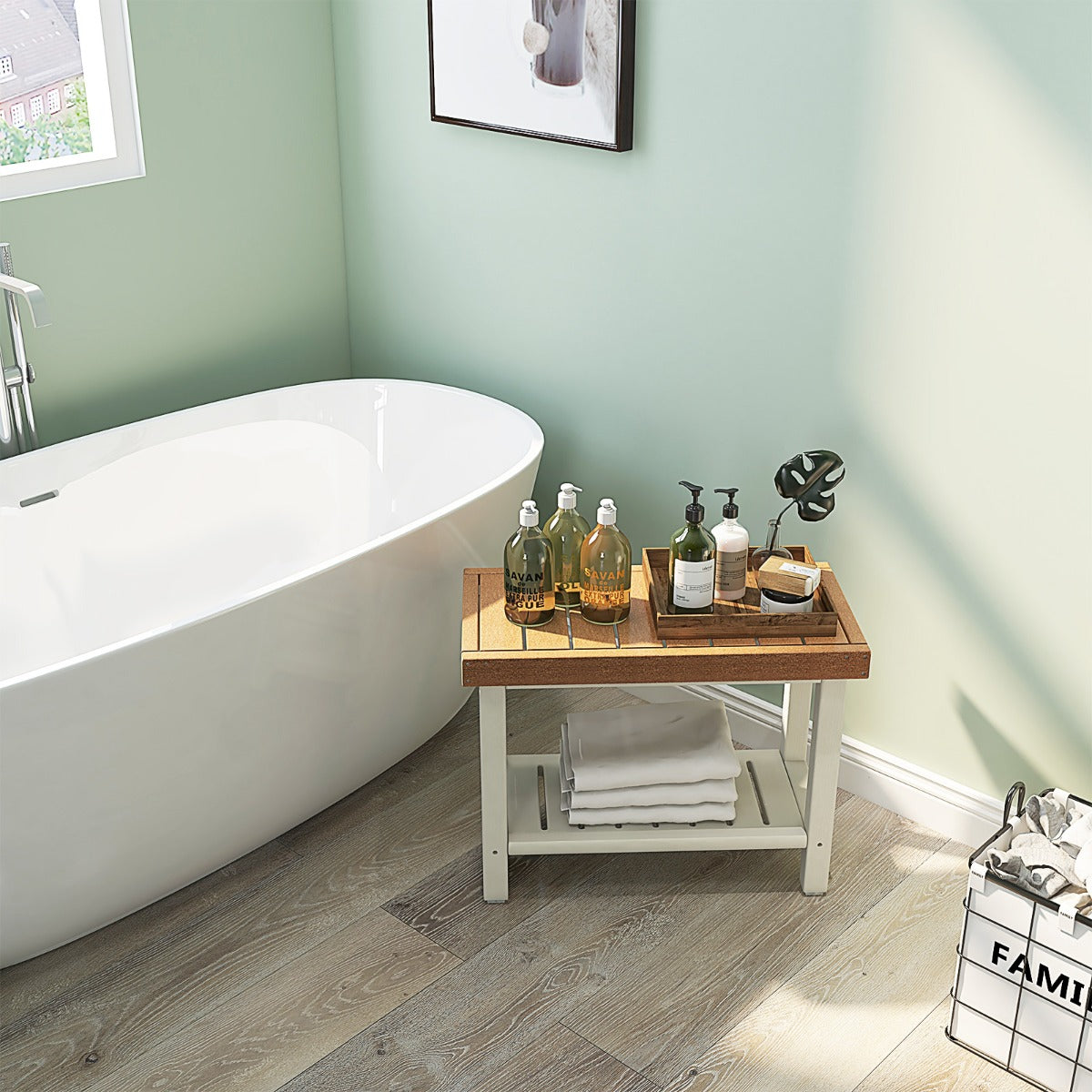 2-Tier Waterproof Shower Bench with Storage Shelf & Anti-slip Pads
