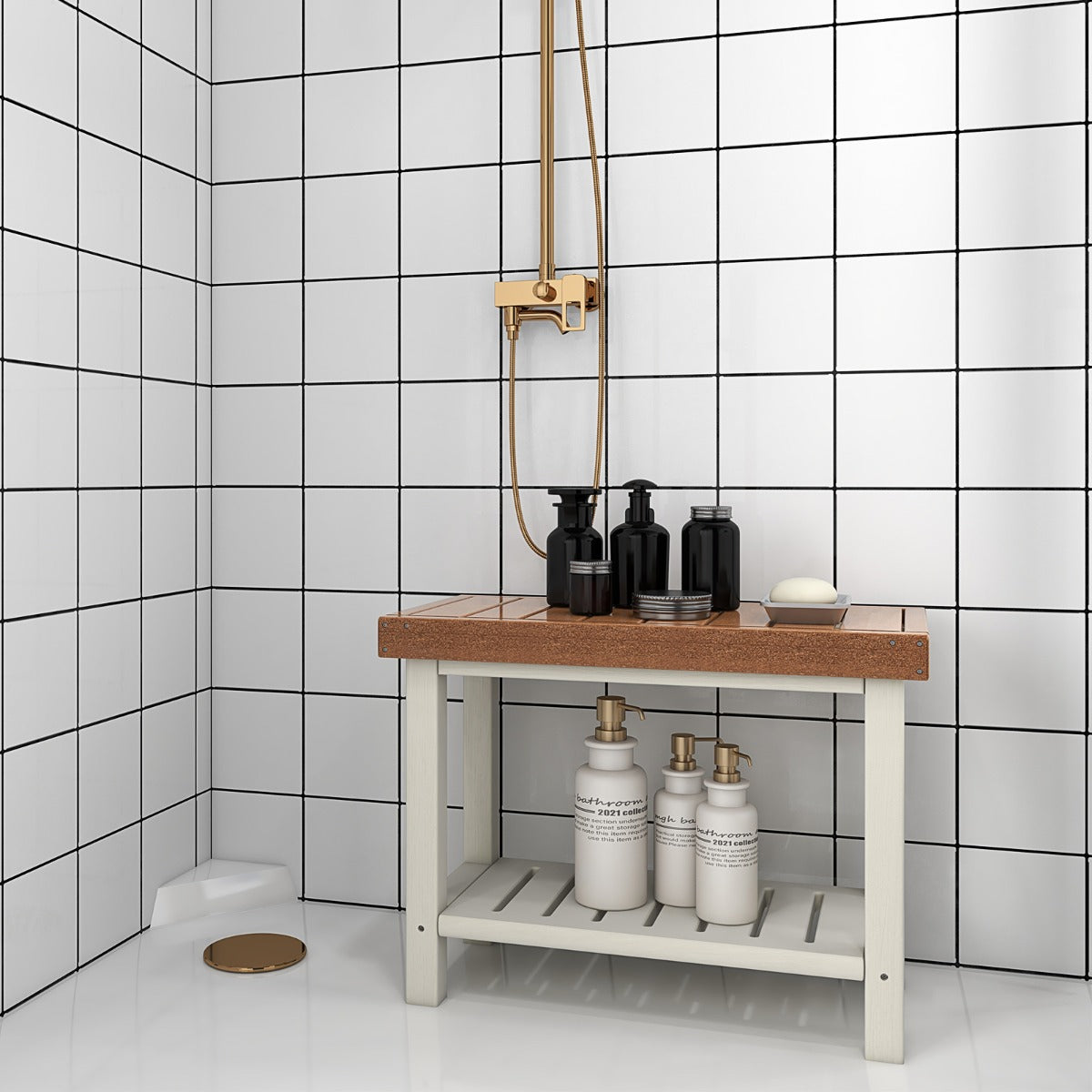 2-Tier Waterproof Shower Bench with Storage Shelf & Anti-slip Pads