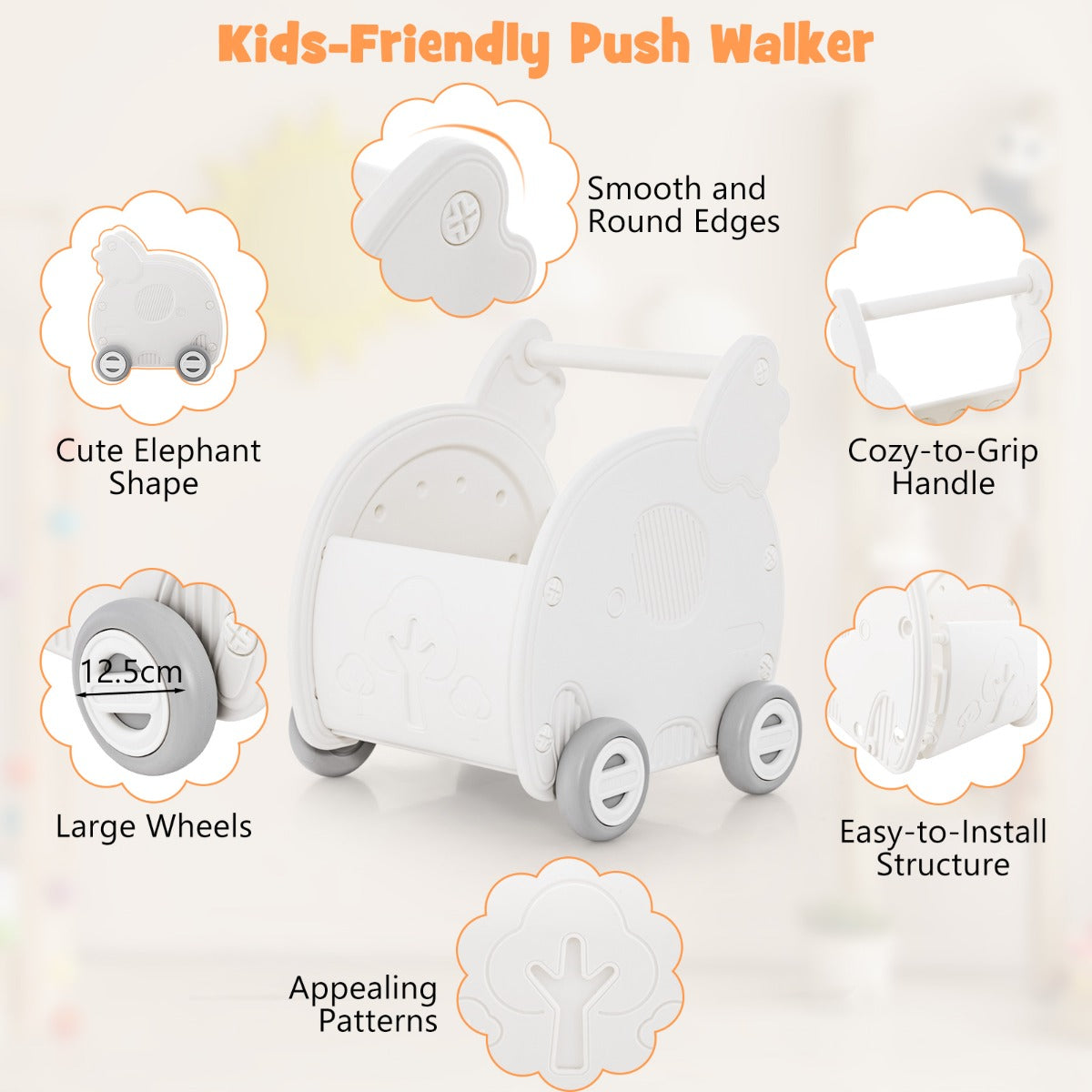 Baby Walker Push Toy 4-Wheel Toddler Toy Cart Elephant Shape