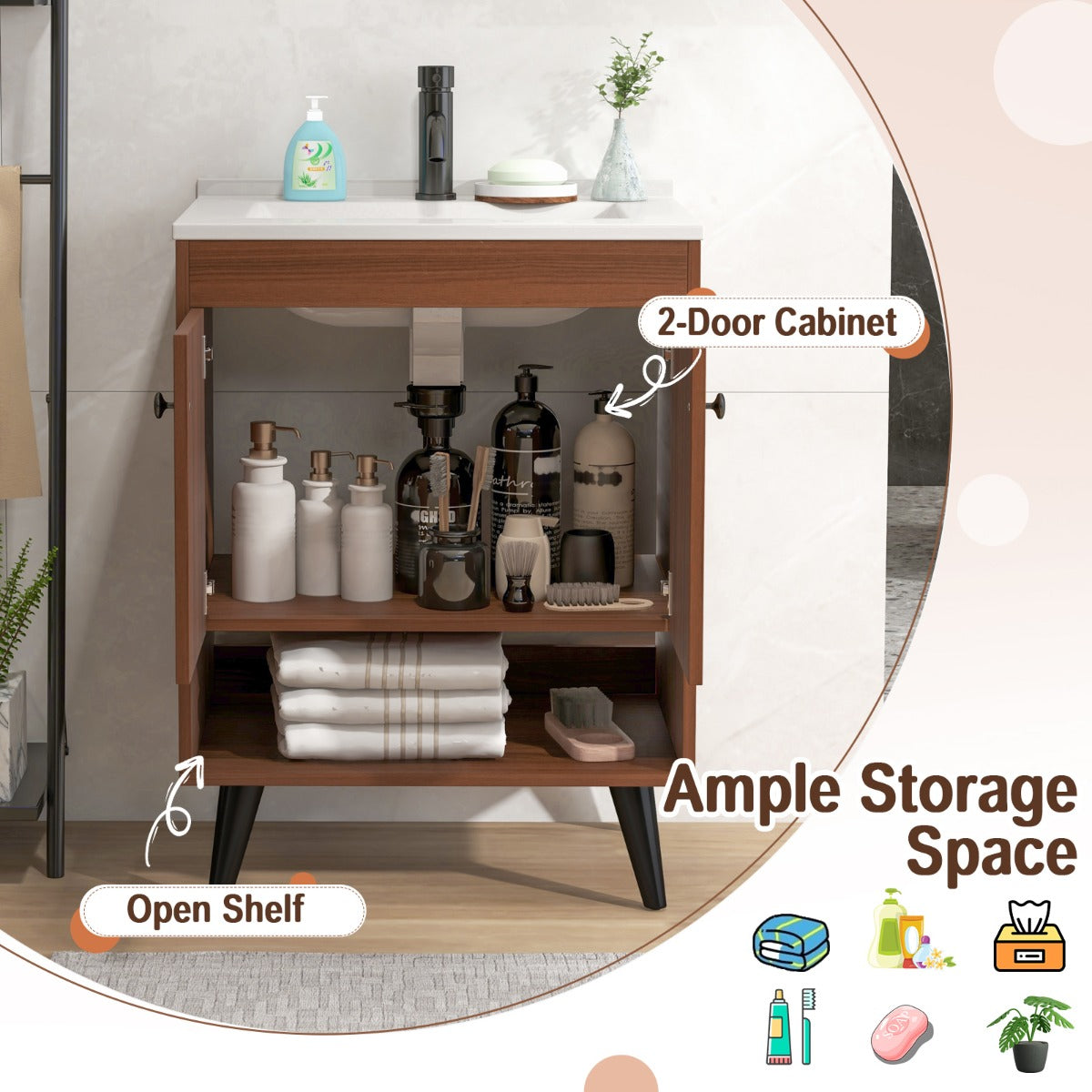 Bathroom Vanity Sink Combo with Doors and Open Shelf