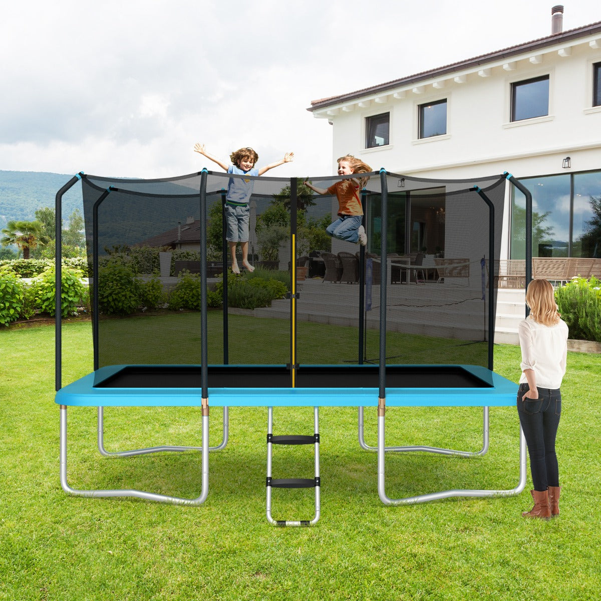 430 cm x 250 cm Rectangular Trampoline with Enclosure Net for Kids and Adults