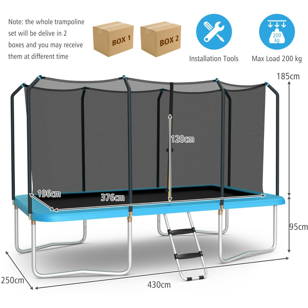 430 cm x 250 cm Rectangular Trampoline with Enclosure Net for Kids and Adults