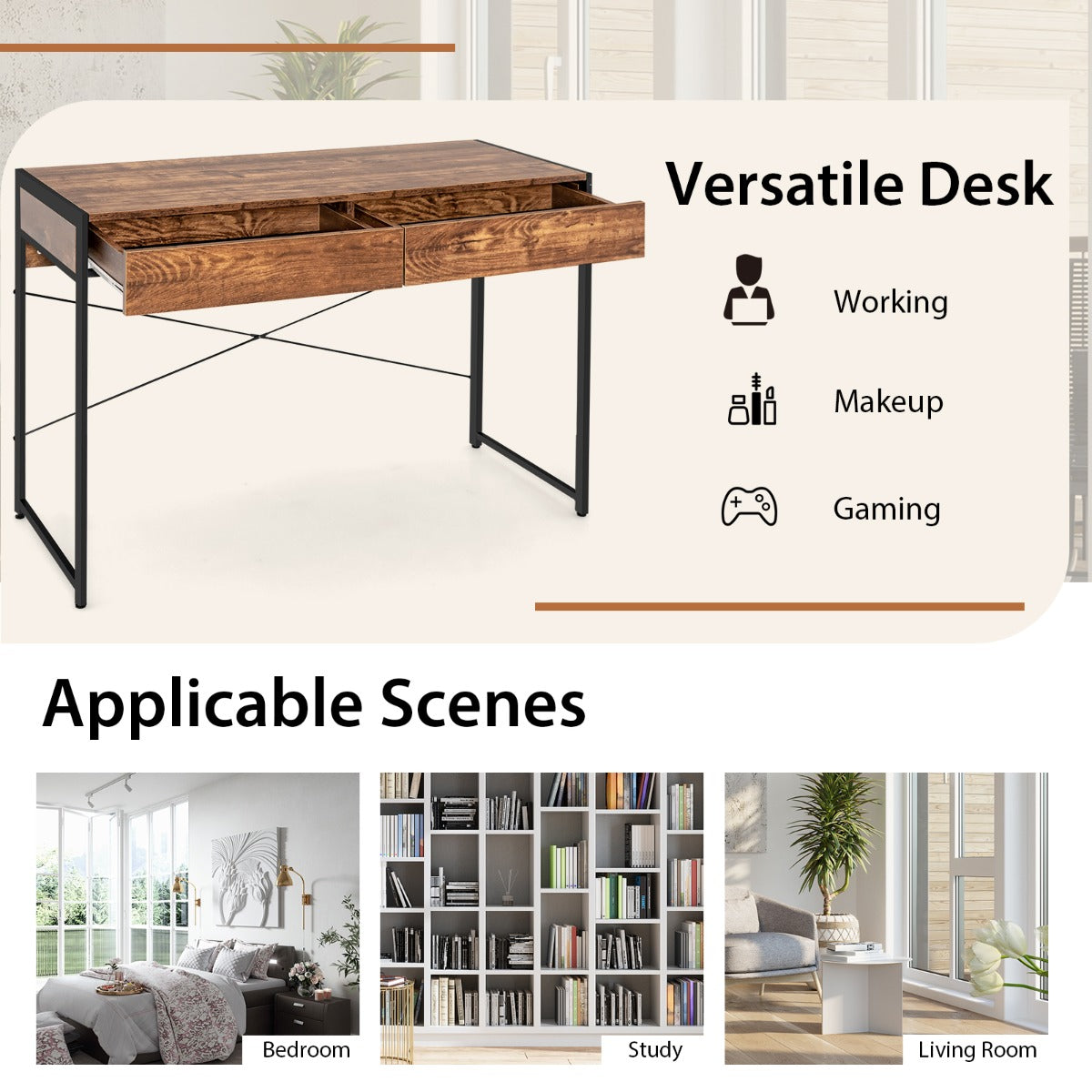 Computer Desk with with Heavy-duty Steel Frame for Home Office