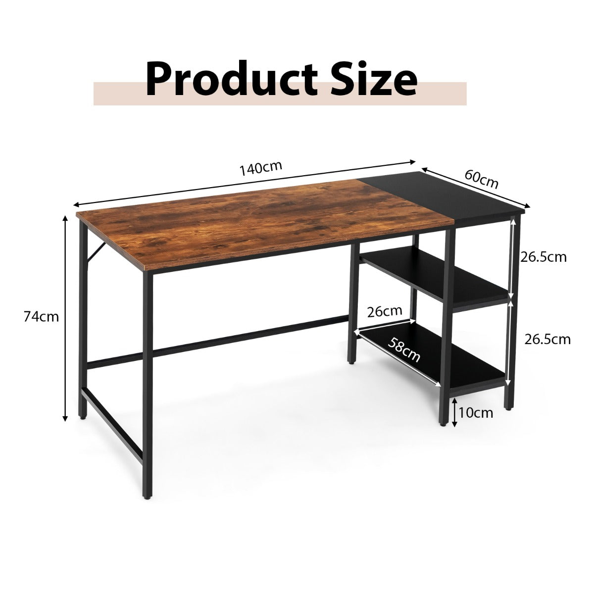 140CM Computer Desk with 2-tier Storage Shelves & Steel Frame