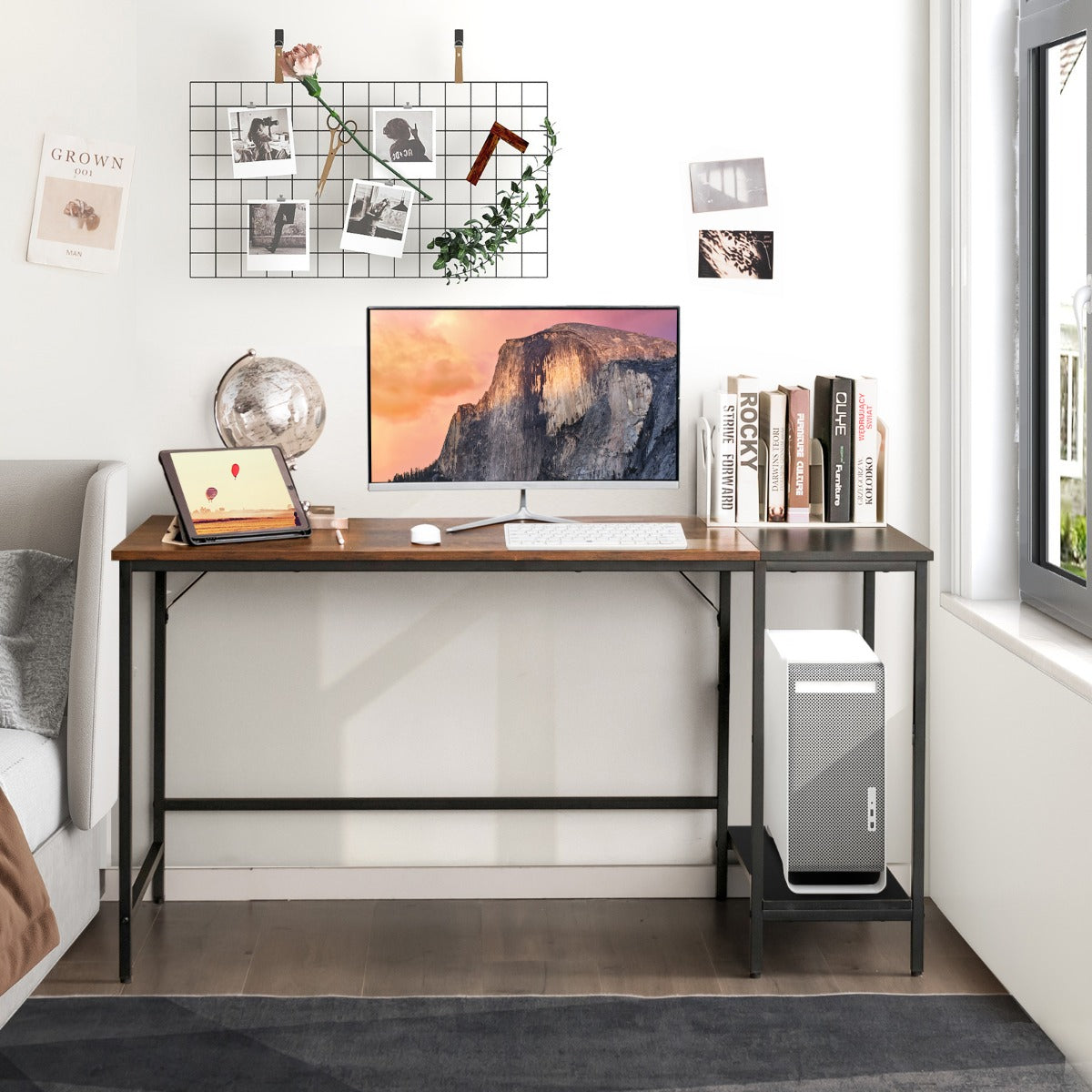 140CM Computer Desk with 2-tier Storage Shelves & Steel Frame