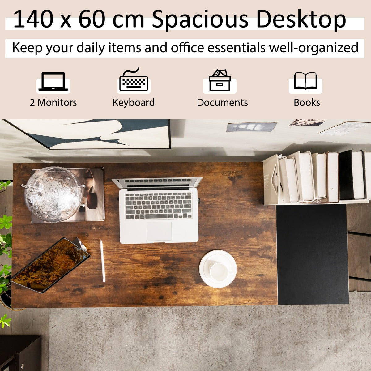 140CM Computer Desk with 2-tier Storage Shelves & Steel Frame