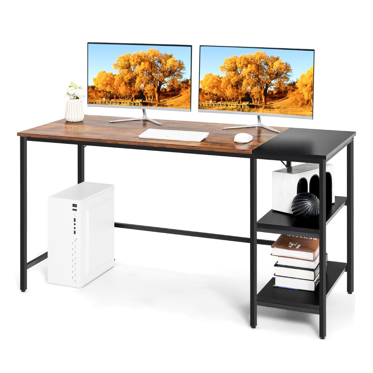 140CM Computer Desk with 2-tier Storage Shelves & Steel Frame