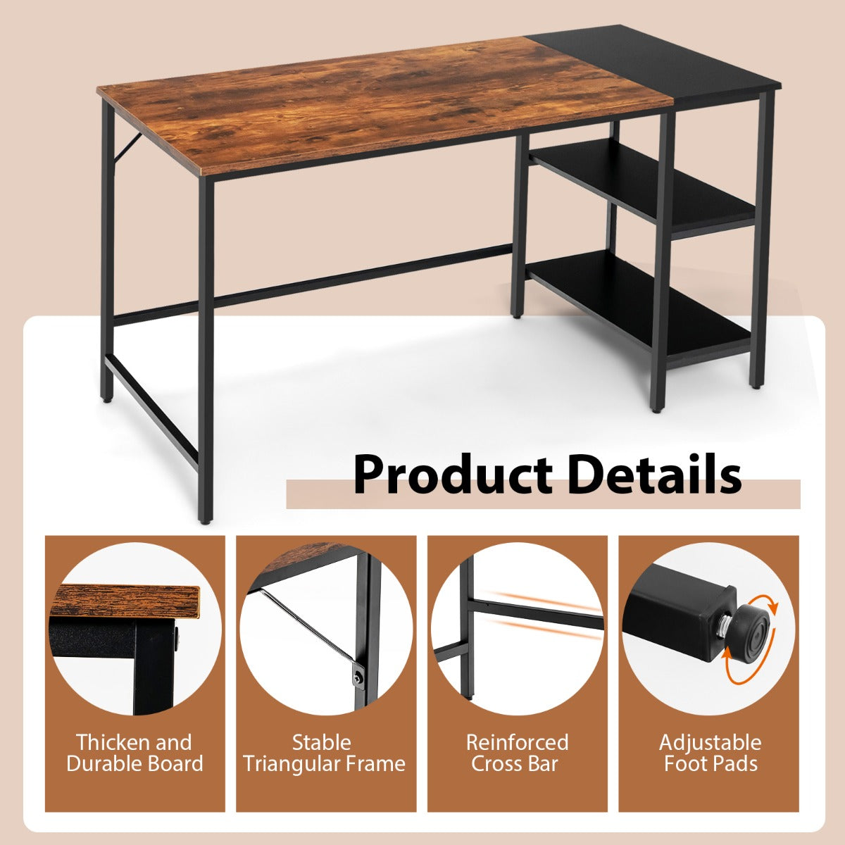 140CM Computer Desk with 2-tier Storage Shelves & Steel Frame