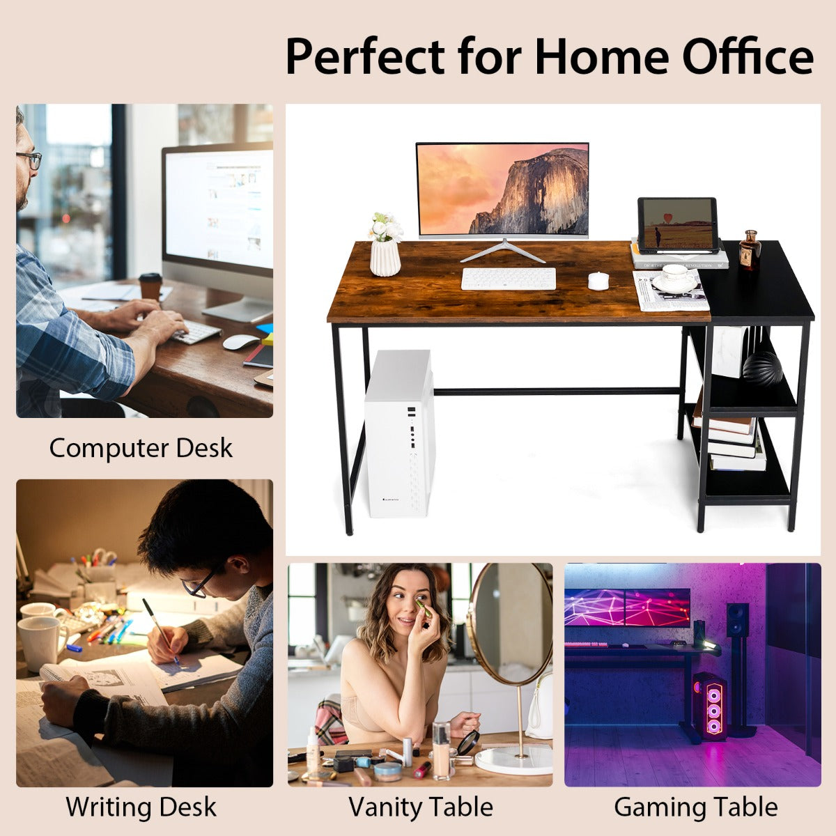 140CM Computer Desk with 2-tier Storage Shelves & Steel Frame
