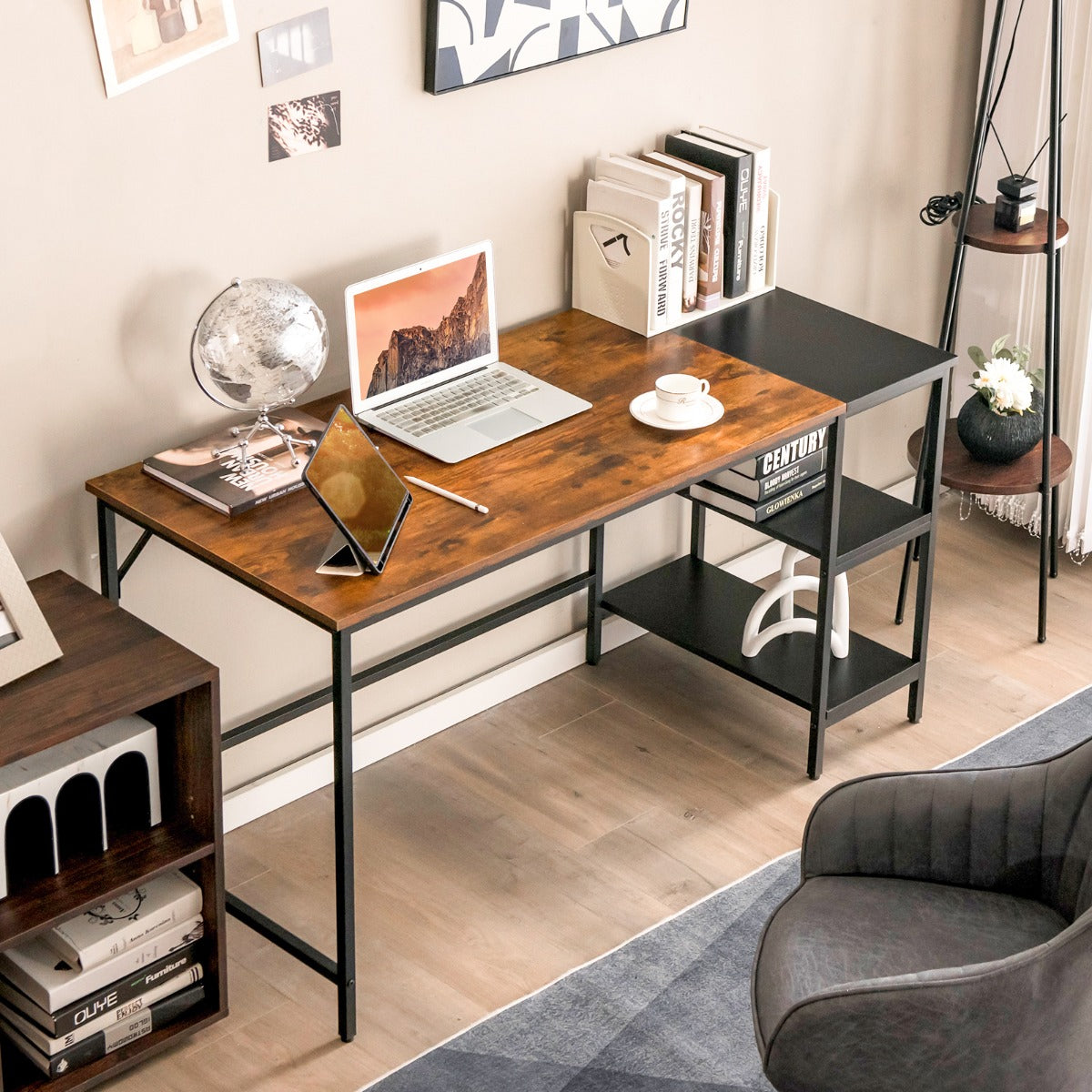 140CM Computer Desk with 2-tier Storage Shelves & Steel Frame