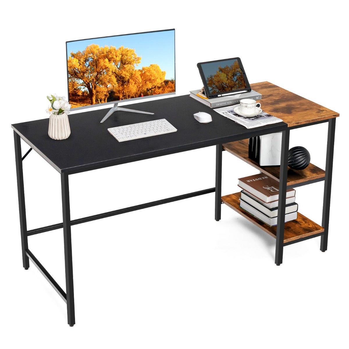 140CM Computer Desk with 2-tier Storage Shelves & Steel Frame