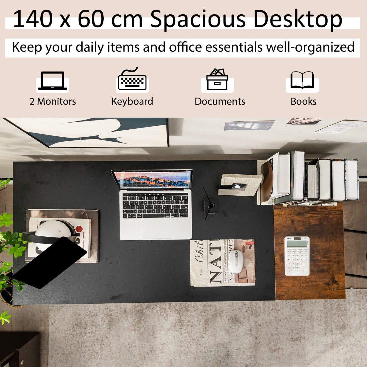 140CM Computer Desk with 2-tier Storage Shelves & Steel Frame