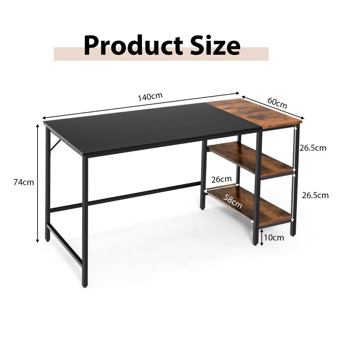 140CM Computer Desk with 2-tier Storage Shelves & Steel Frame