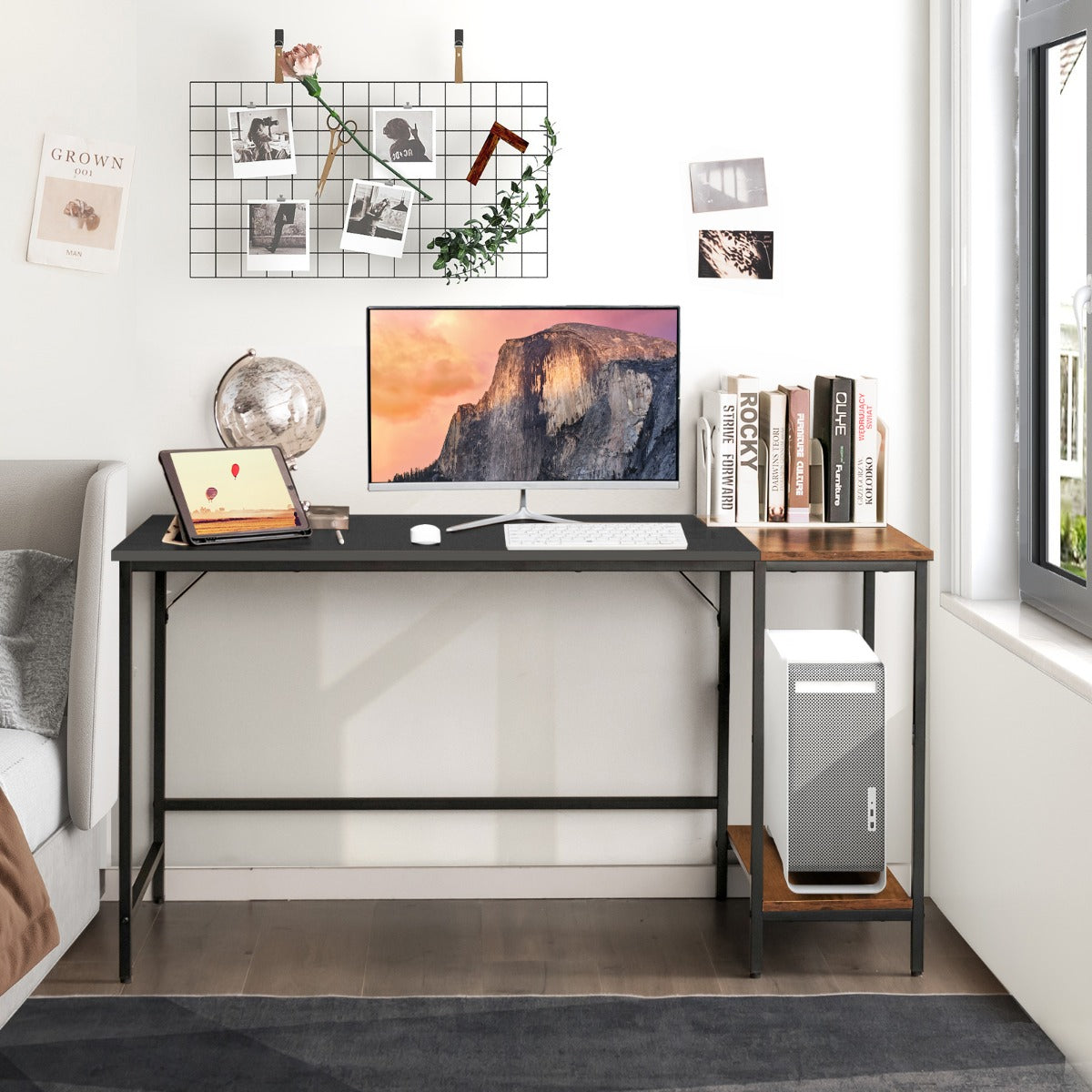 140CM Computer Desk with 2-tier Storage Shelves & Steel Frame