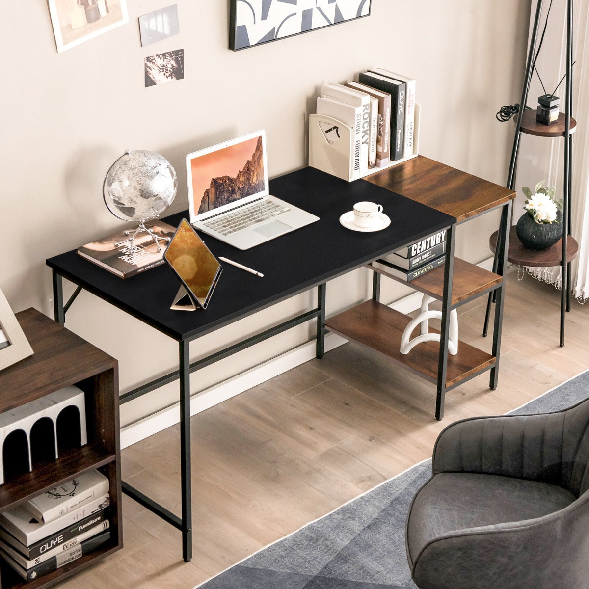 140CM Computer Desk with 2-tier Storage Shelves & Steel Frame