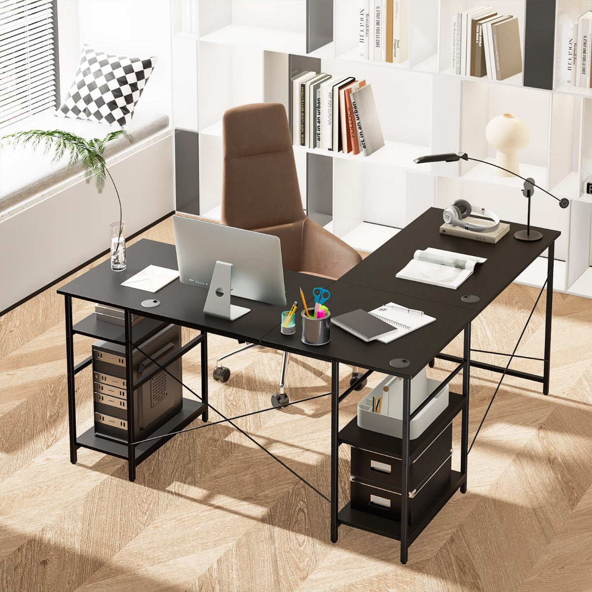 151CM Convertible L-shaped Computer Desk with 4 Storage Shelves for Home Office