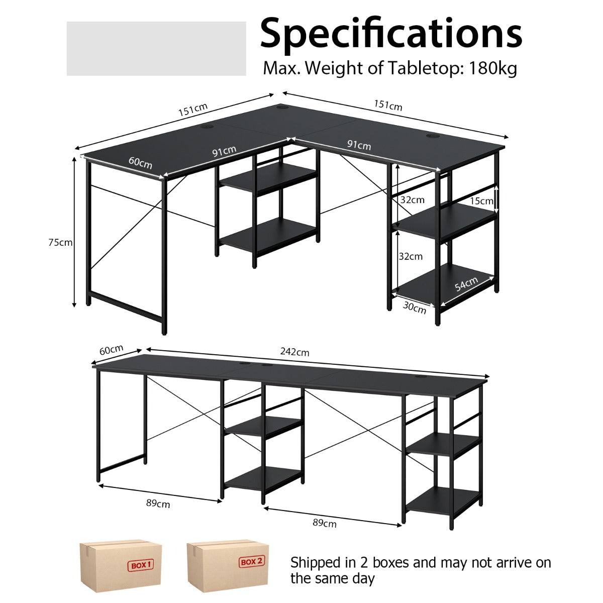 151CM Convertible L-shaped Computer Desk with 4 Storage Shelves for Home Office