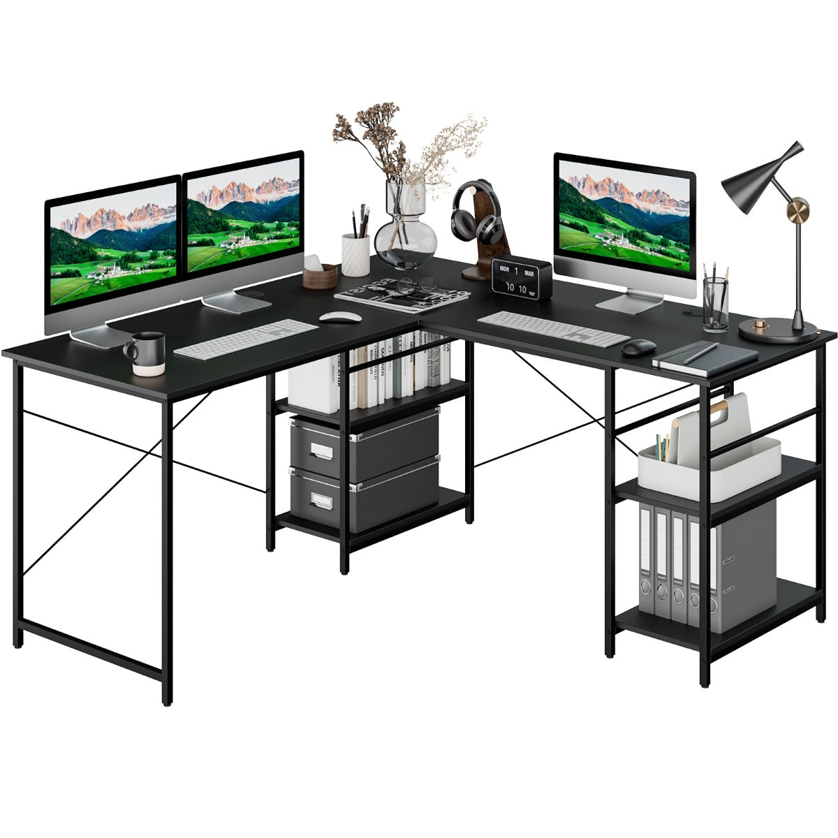 151CM Convertible L-shaped Computer Desk with 4 Storage Shelves for Home Office