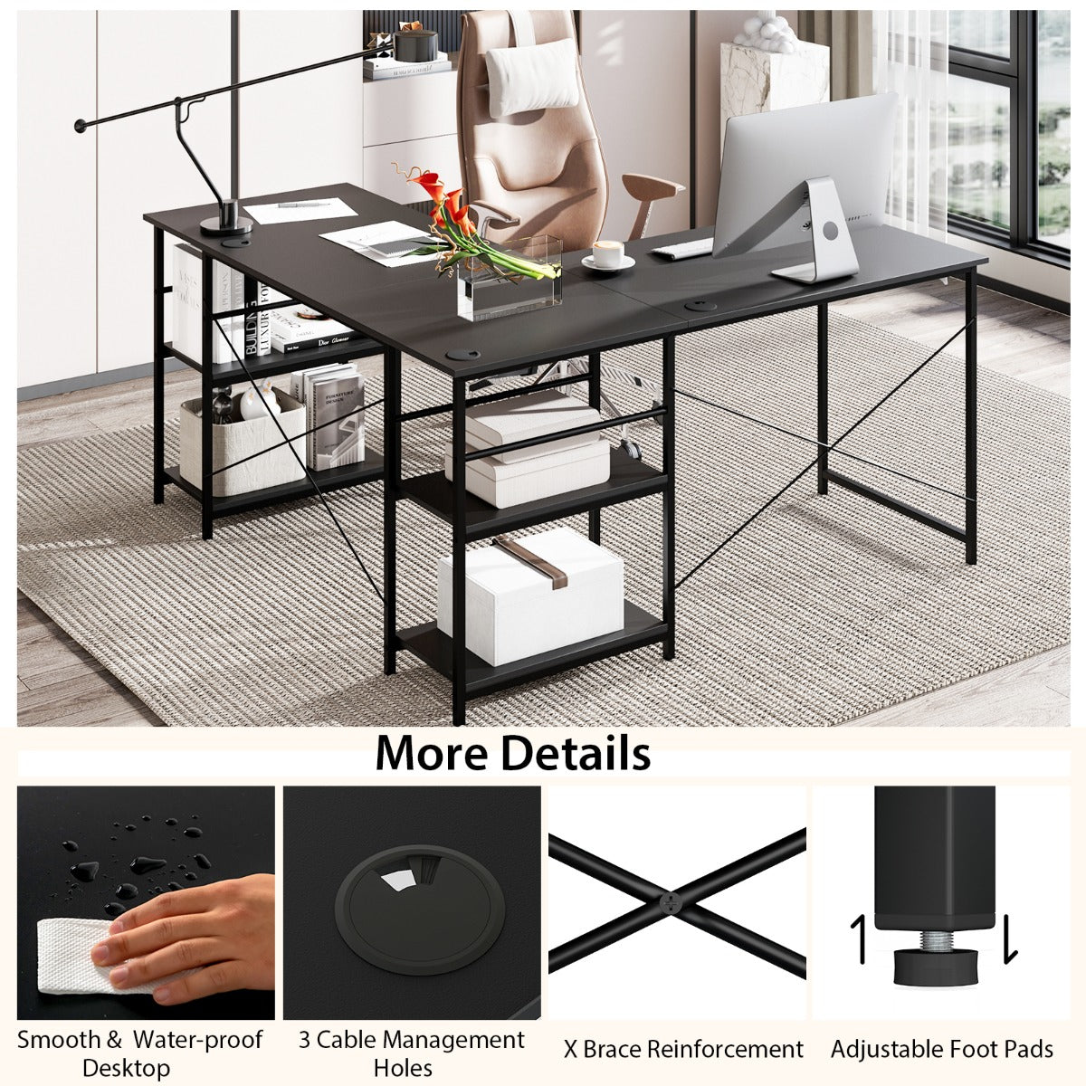 151CM Convertible L-shaped Computer Desk with 4 Storage Shelves for Home Office