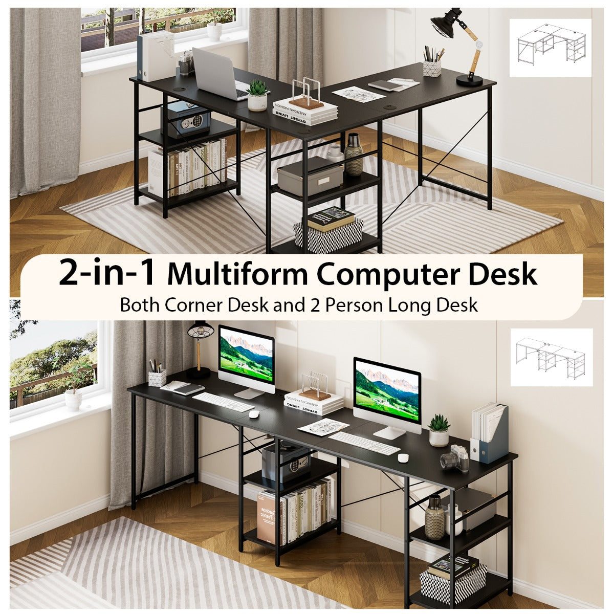 151CM Convertible L-shaped Computer Desk with 4 Storage Shelves for Home Office