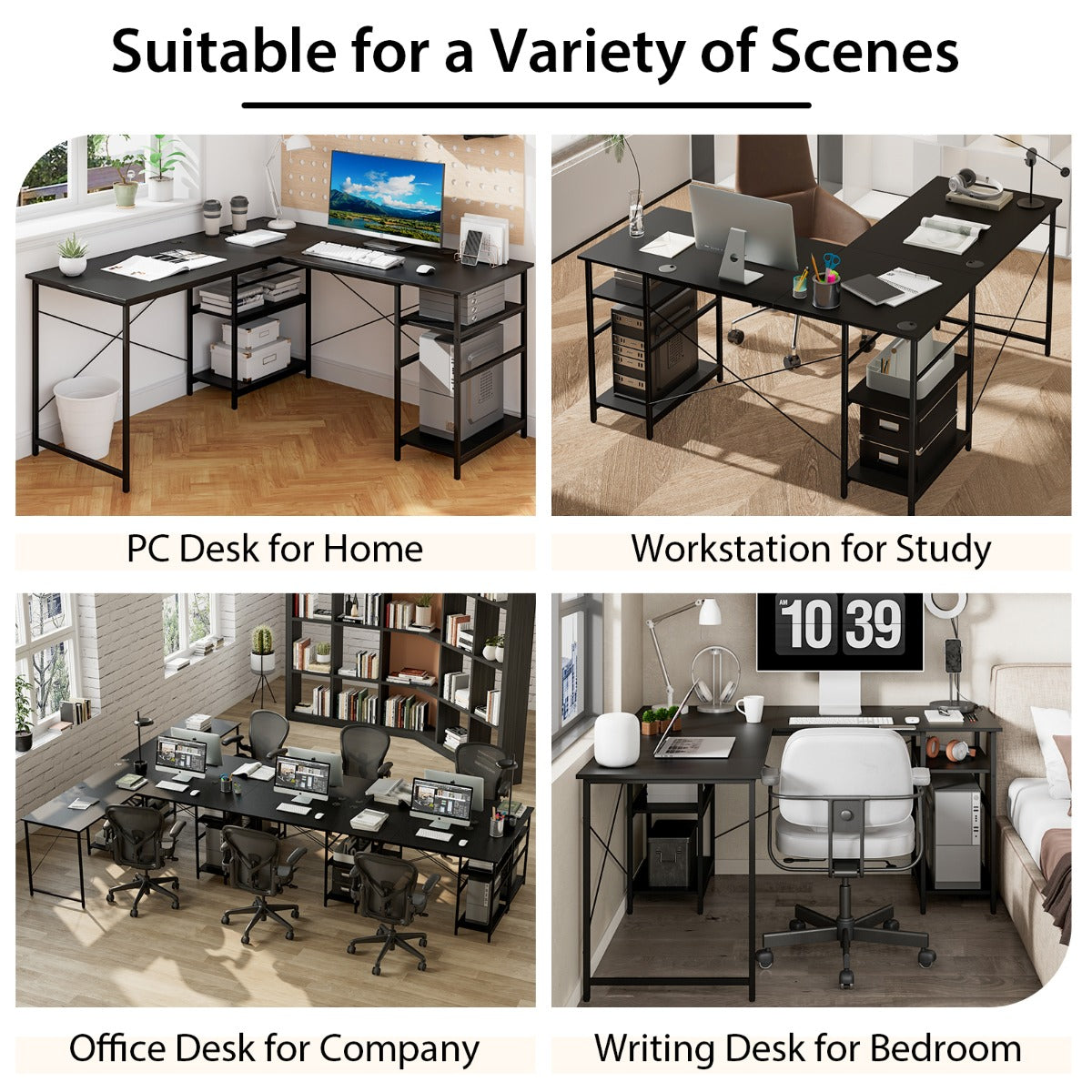 151CM Convertible L-shaped Computer Desk with 4 Storage Shelves for Home Office