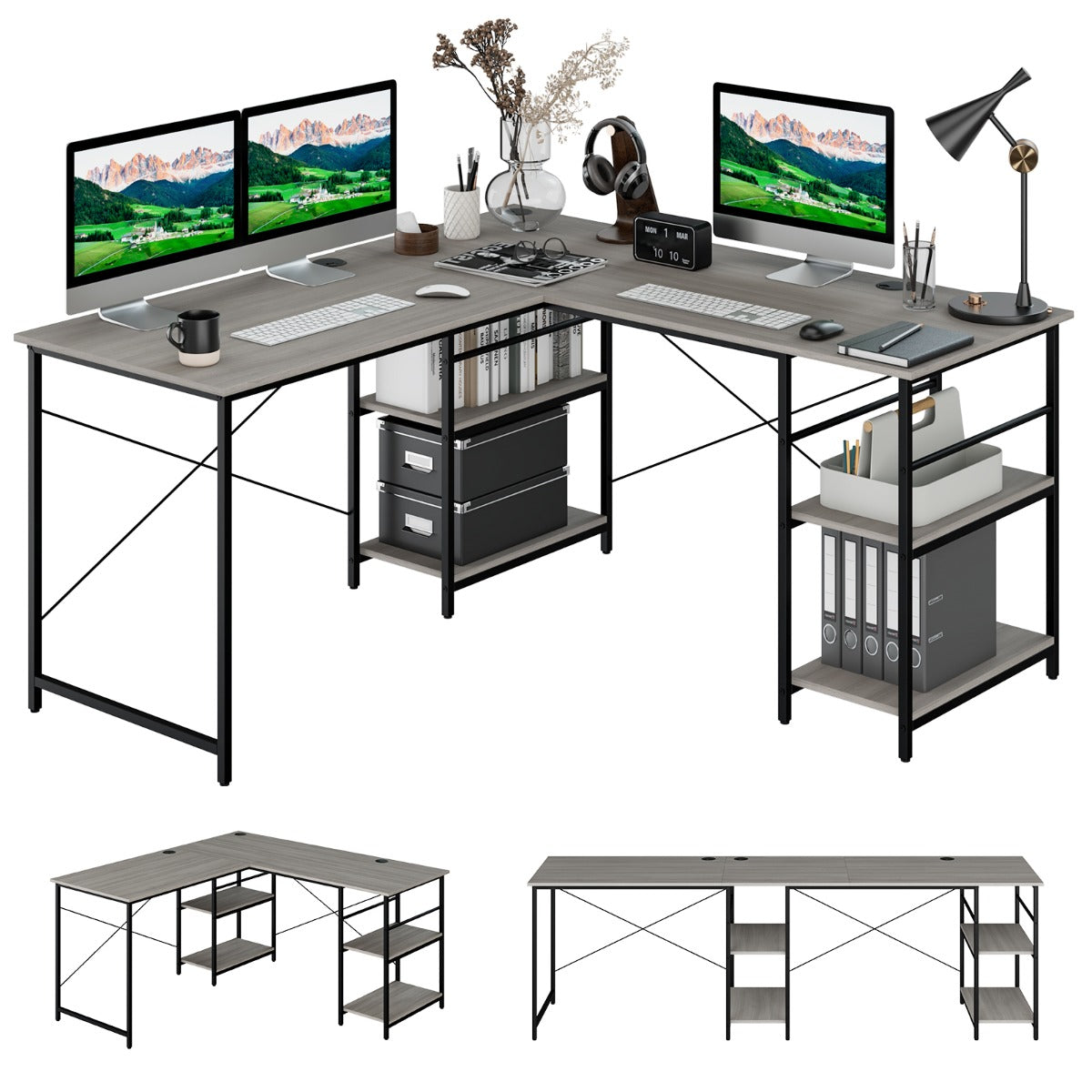 151CM Convertible L-shaped Computer Desk with 4 Storage Shelves for Home Office