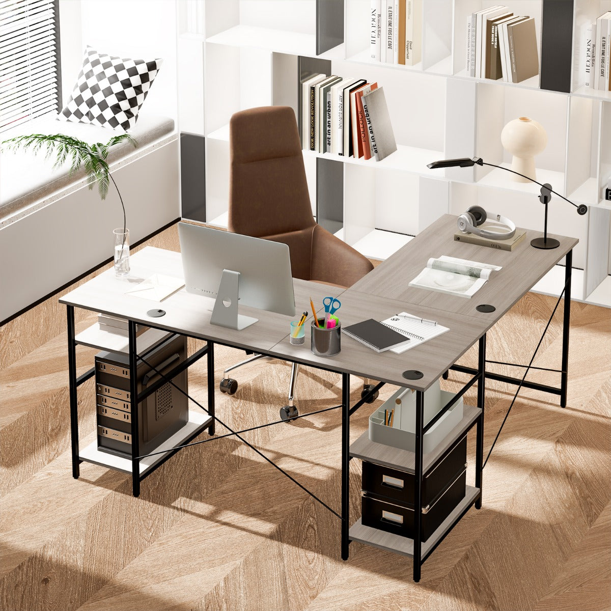 151CM Convertible L-shaped Computer Desk with 4 Storage Shelves for Home Office