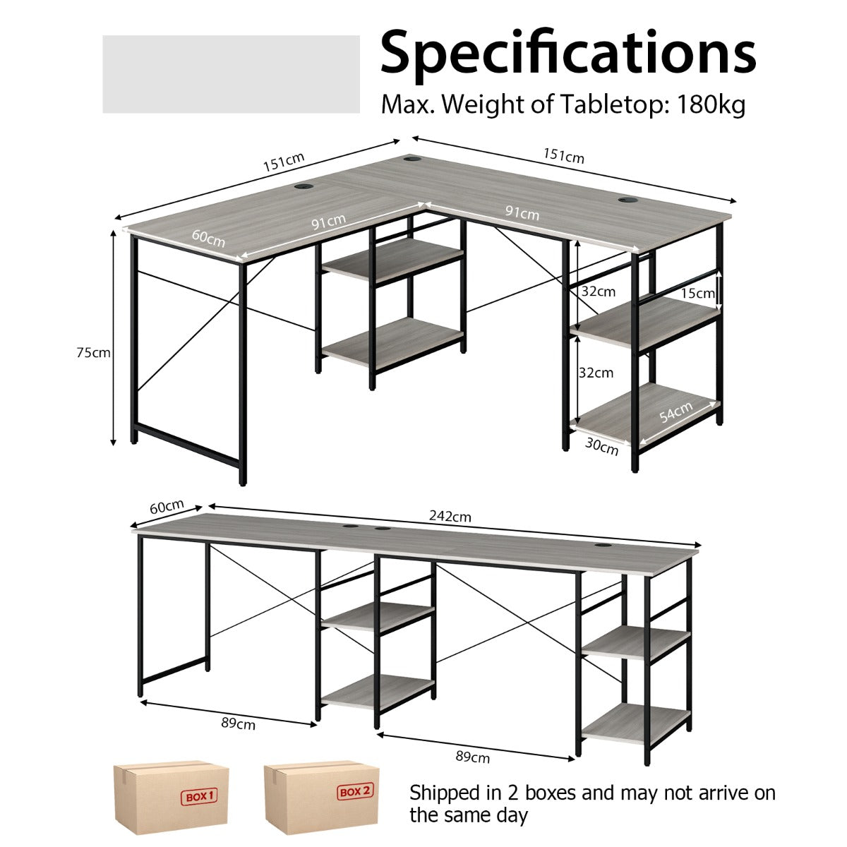 151CM Convertible L-shaped Computer Desk with 4 Storage Shelves for Home Office