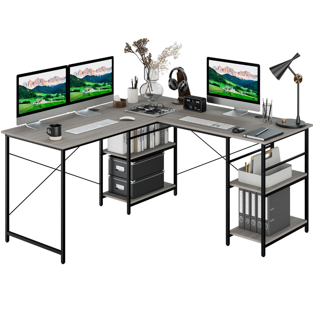 151CM Convertible L-shaped Computer Desk with 4 Storage Shelves for Home Office