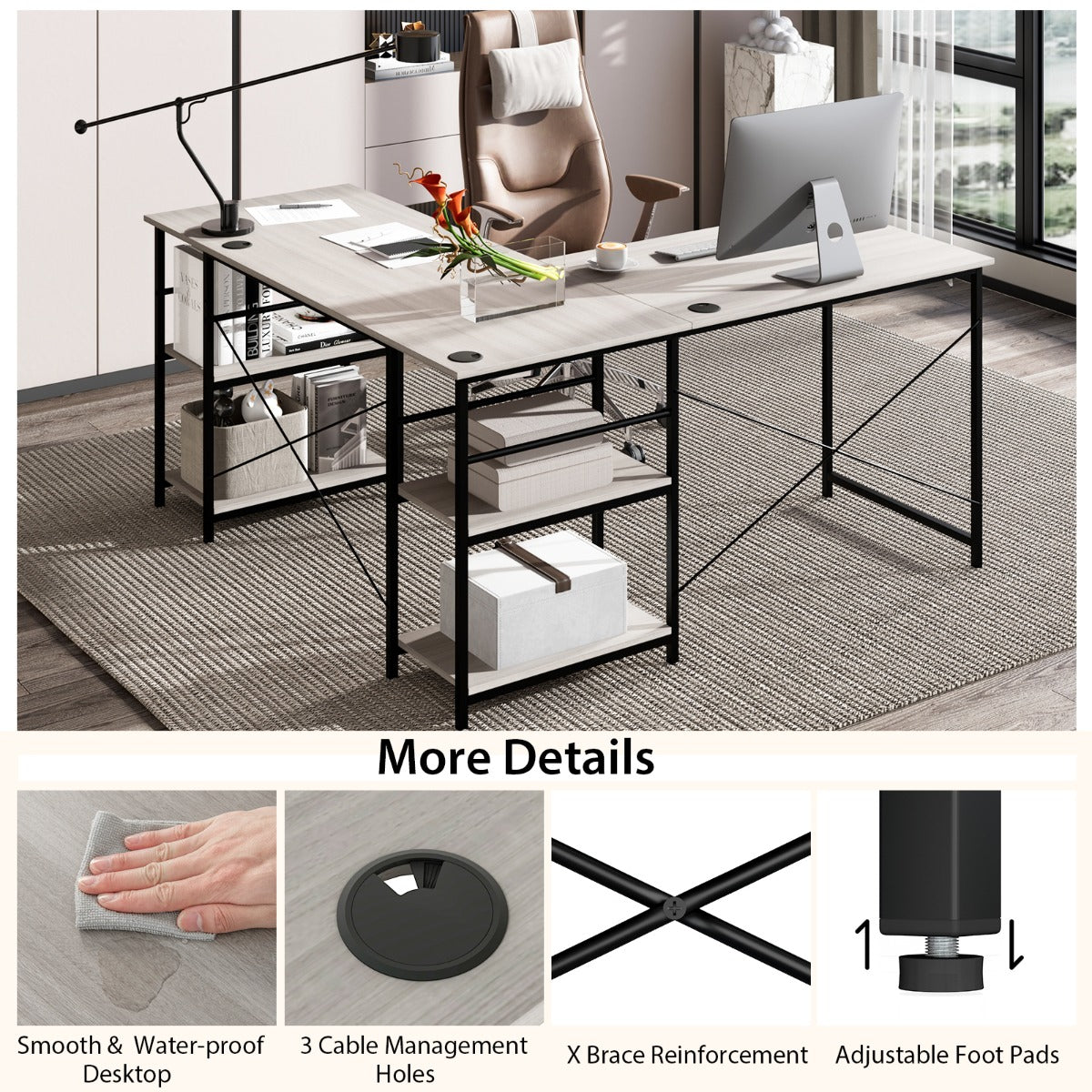 151CM Convertible L-shaped Computer Desk with 4 Storage Shelves for Home Office