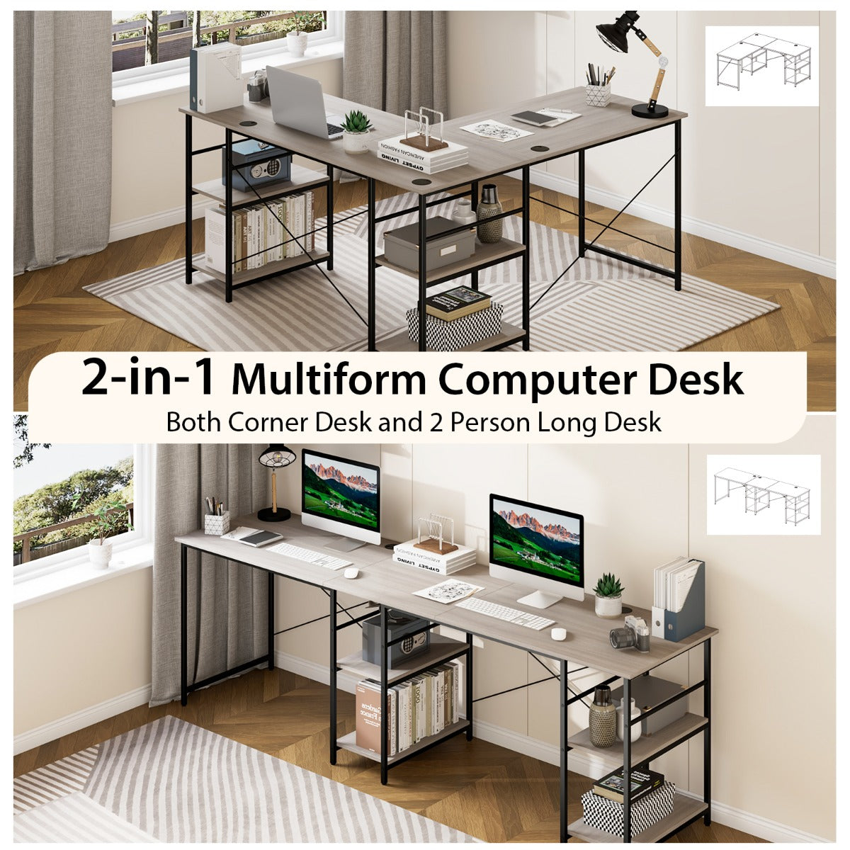151CM Convertible L-shaped Computer Desk with 4 Storage Shelves for Home Office