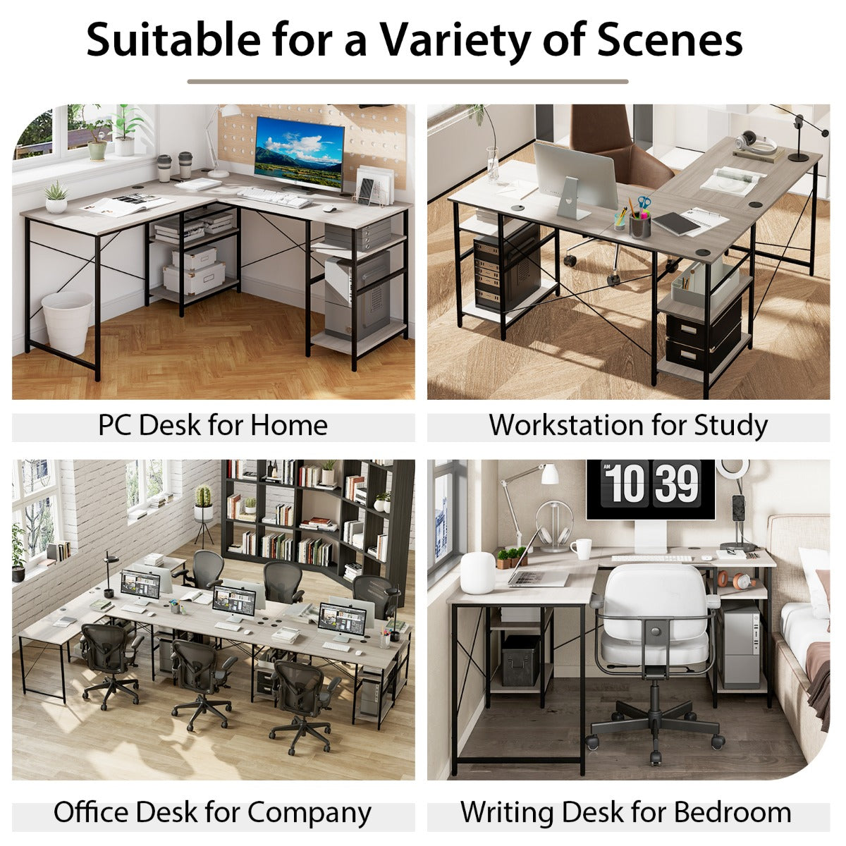 151CM Convertible L-shaped Computer Desk with 4 Storage Shelves for Home Office