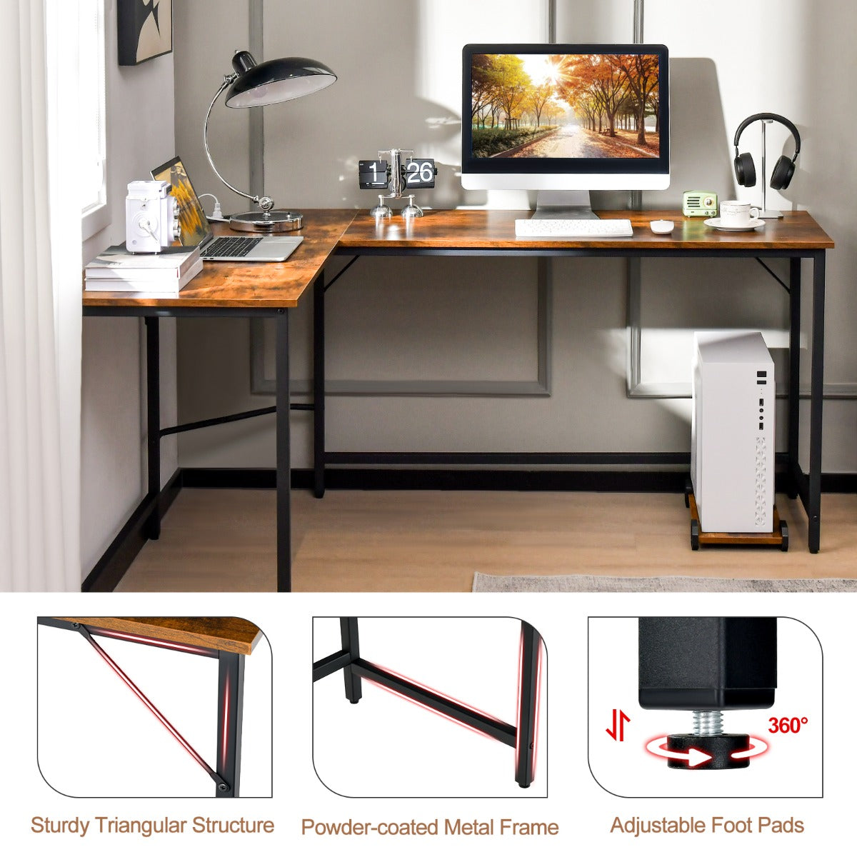 L-Shaped Desk with CPU Stand & Heavy-duty Metal Frame