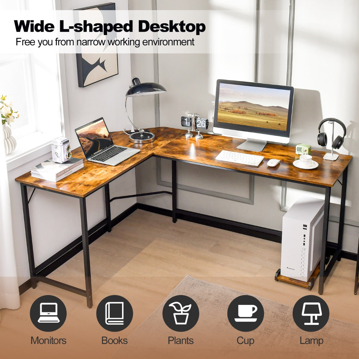 L-Shaped Desk with CPU Stand & Heavy-duty Metal Frame